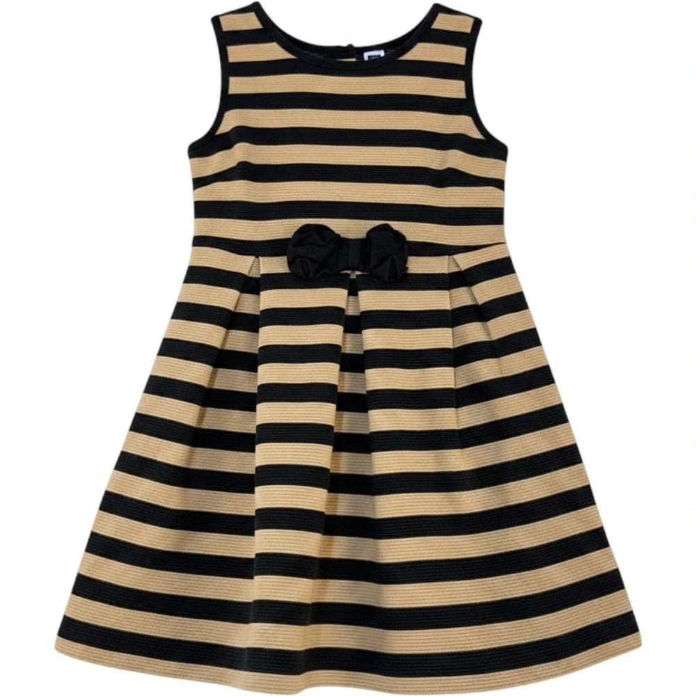 Janie and Jack Girls Tan Black Striped Sleeveless Fit Flare Dress Bow Detail 10